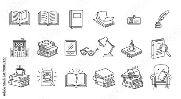 Fototapeta Book icon set collection of book equipment and accessories vector illustration of book game elements in outline sketch style