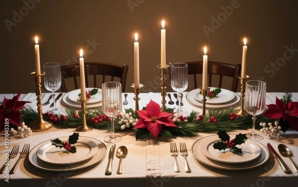 Fototapeta Christmas dinner table setting with candles and poinsettias