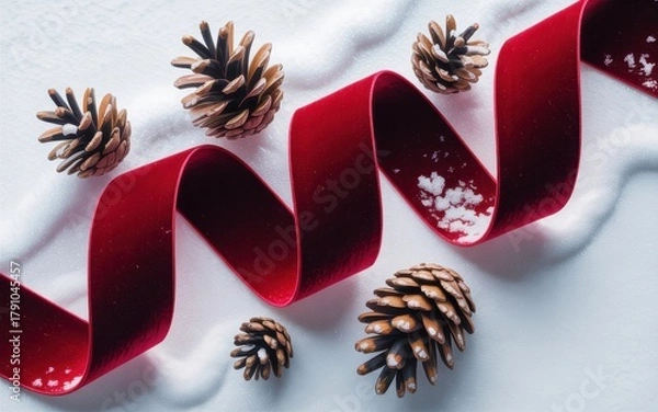 Fototapeta Red velvet ribbon and pine cones on snow red ribbon