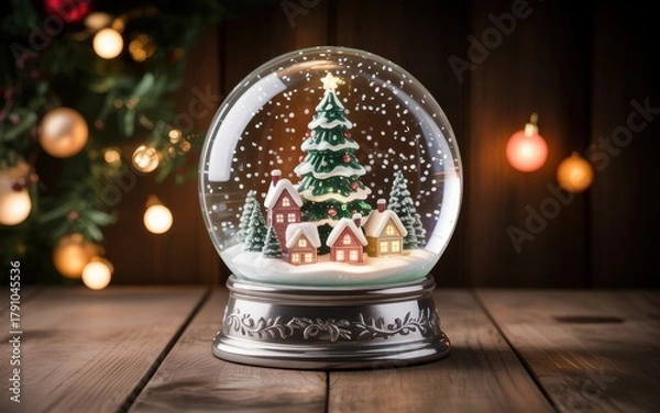 Fototapeta Christmas snow globe with village and tree on wooden table