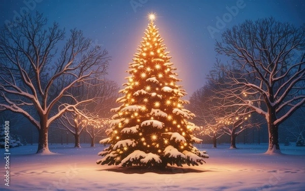 Fototapeta Illuminated Christmas tree in snowy winter park at night