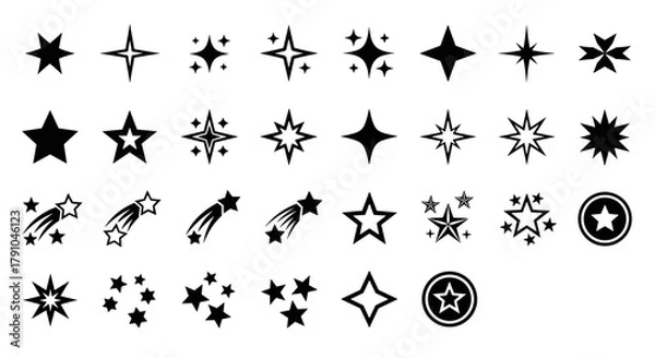 Fototapeta Collection of various star shapes, including fivepointed stars, shooting stars, and starbursts perfect for adding sparkle to your designs