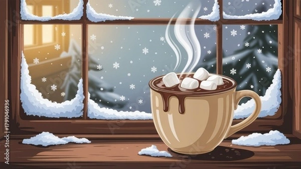 Fototapeta Hot chocolate with marshmallows by a snowy window steam