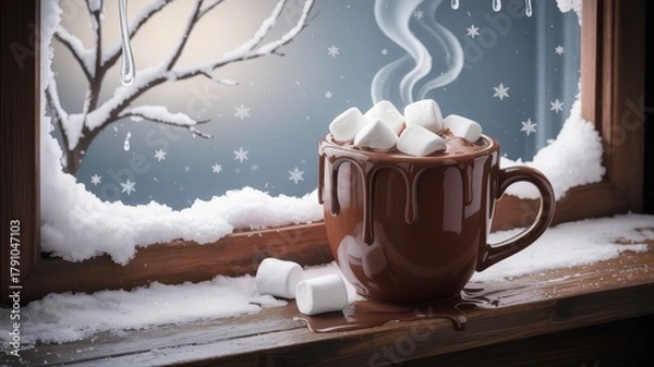 Fototapeta Steaming hot chocolate with marshmallows on a snowy windowsill