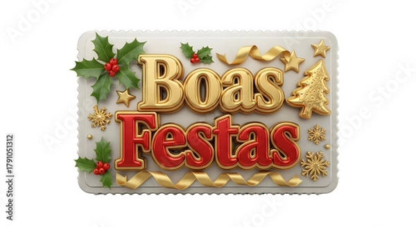 Obraz A festive card with boas festas text, holly leaves, snowflakes, and gold accents