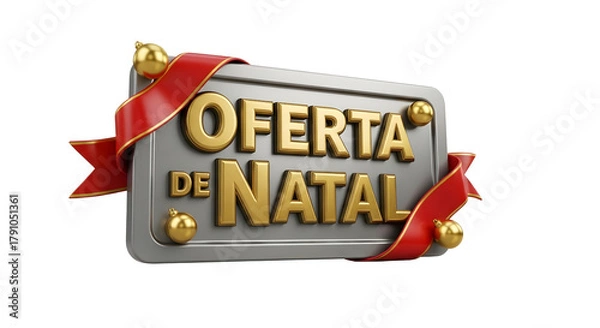 Fototapeta A christmas offer sign with gold lettering and a red ribbon on a gray background