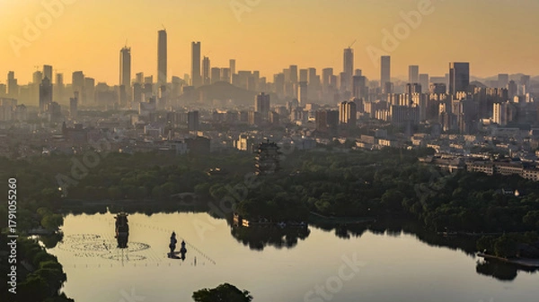 Obraz Jinan City Skyline at Golden Hour with Lake Reflection and Modern Skyscrapers