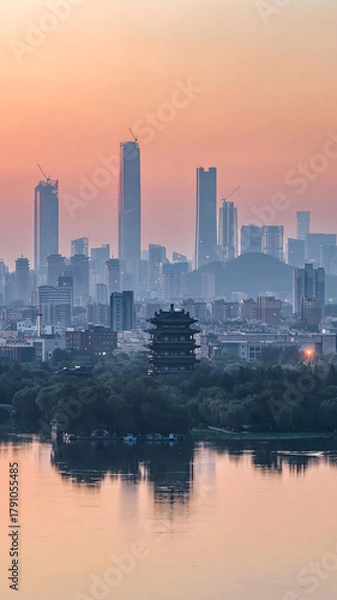 Obraz Jinan Skyline at Sunset with Traditional Pagoda and Lake Reflection, China