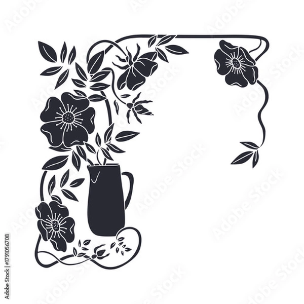 Fototapeta Art nouveau vintage hand drawn vase with black and white wild rose flowers and leaves frame silhouette vector illustration. Monochrome floral card template