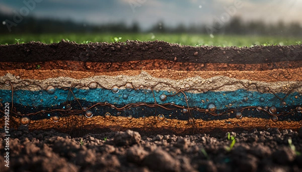 Obraz Cross-section of soil layers showing distinct strata, including organic topsoil, subsoil, and a water table with visible roots.