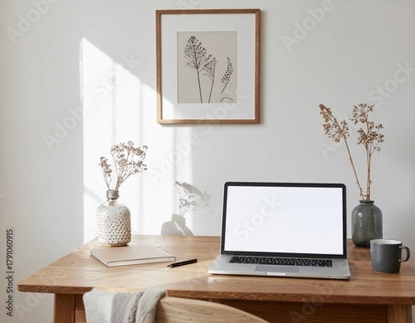 Obraz Stylish workspace mockup with poster frame above wooden desk, laptop, coffee cup, minimal decor, morning sunlight, neutral color palette, soft focus, creative home office vibe
