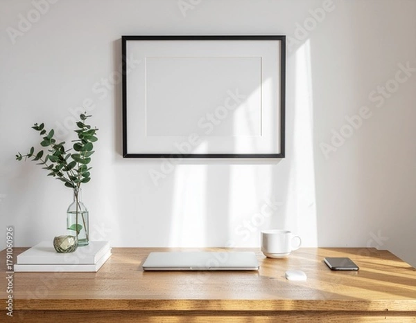 Fototapeta Stylish workspace mockup with poster frame above wooden desk, laptop, coffee cup, minimal decor, morning sunlight, neutral color palette, soft focus, creative home office vibe
