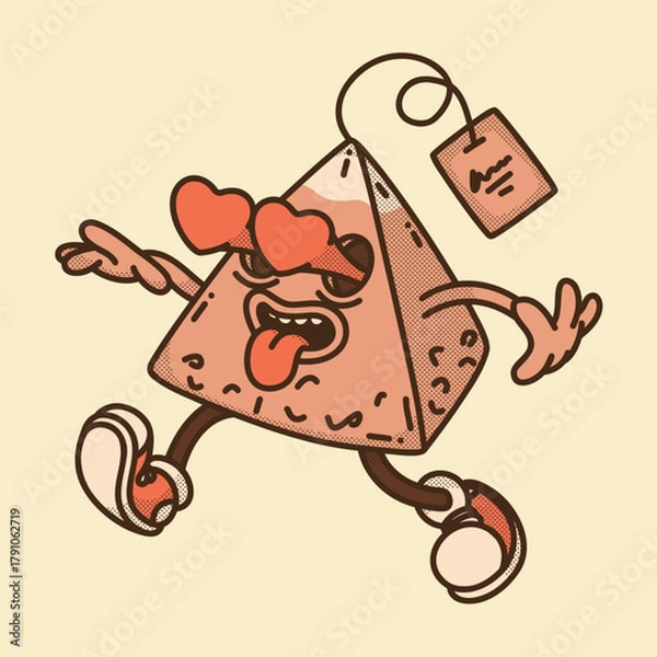 Fototapeta Loving pyramid black tea bag mascot with heart. Romantic Darjeeling and Keemun blend retro design