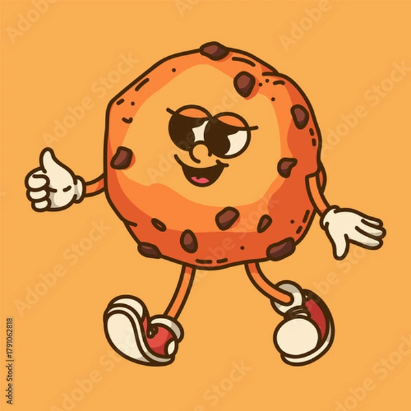 Fototapeta Chocolate chip cookie mascot with finger up gesture retro vibrant vector design for bakery logo and advertising