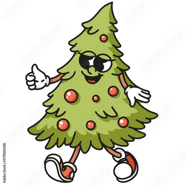 Fototapeta Fluffy Christmas tree mascot with colorful ornaments Bright retro vector design isolated on white background for festive decorations and holiday branding