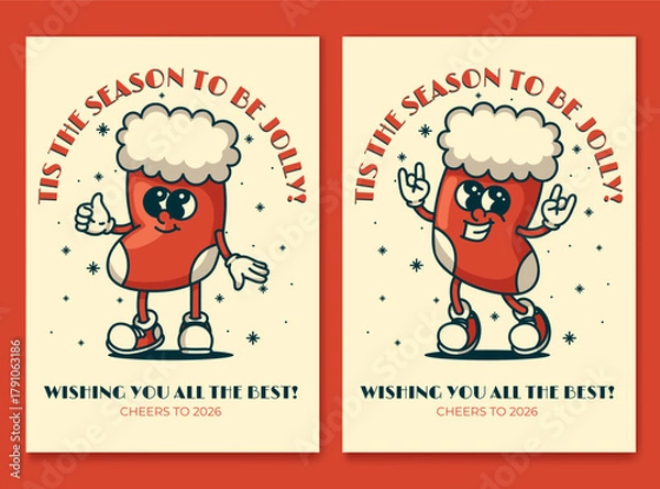 Fototapeta Jolly santa sock mascot Christmas card with festive snowflakes and gifts vintage retro design for holiday greetings