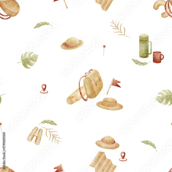 Fototapeta Pattern featuring hiking backpack hat map leaves travel essentials. Watercolor illustration, hand-drawn childish style. Seamless print isolated from background for textiles fabrics clothing wallpaper