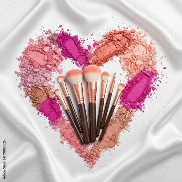 Obraz Makeup brushes and blush compact with crushed powders in heart shape, flat lay for Saint valentine beauty and spa campaign