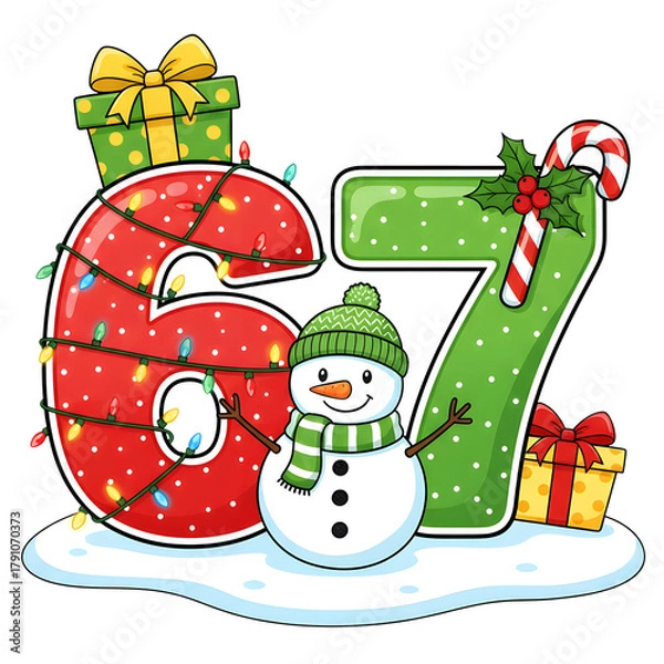 Fototapeta Vibrant Cartoon Illustration of the Numbers 67 Decorated with Glowing Holiday Lights, Holly, and a Candy Cane, Standing on a Snowy Base Alongside a Jolly Snowman in a Green Scarf and Beanie
