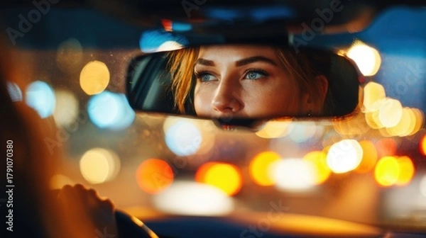 Fototapeta A woman is driving a car and looking at her reflection in the rearview mirror. The image has a moody and somewhat eerie feel to it, as the woman's reflection appears distorted and blurred
