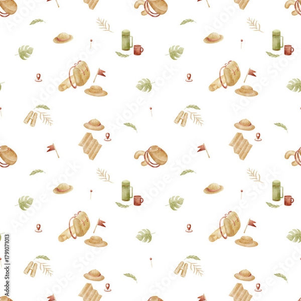 Fototapeta Pattern featuring hiking backpack hat map leaves travel essentials. Watercolor illustration, hand-drawn childish style. Seamless print isolated from background for textiles fabrics clothing wallpaper