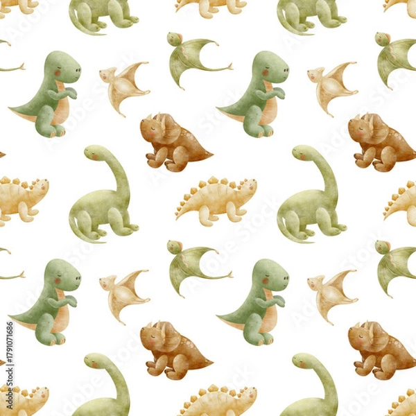 Fototapeta Dinosaur pattern Stegosaurus Triceratops Tyrannosaurus Pterosaur. Watercolor illustration, hand-drawn in childish style. Seamless print isolated from background for textiles fabrics clothing wallpaper