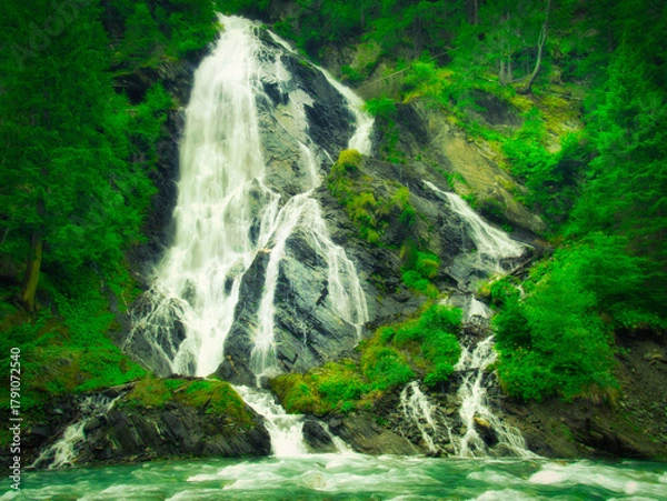 Fototapeta Waterfall Schleierwasserfall in the Osttirol region on a summer rainy day