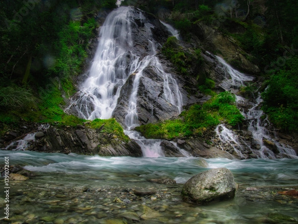 Fototapeta Waterfall Schleierwasserfall in the Osttirol region on a summer rainy day