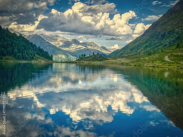Fototapeta View on Obersee lake and mountains above Defereggental valley on a summer day