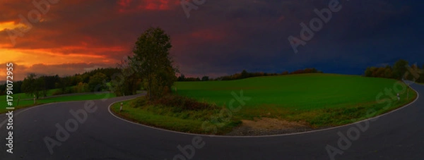 Fototapeta Bend on asphalt road near Jeseniky mountains on a autumn evening