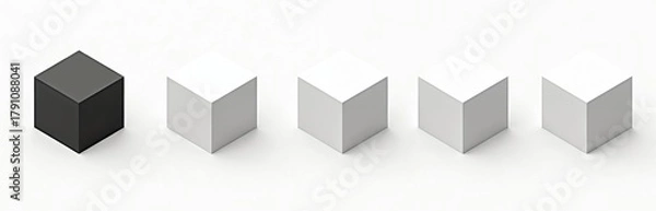 Fototapeta Five cubes stand on white surface. One cube black four white. Geometric 3D forms. Minimalist object art rendering. Great for abstract concepts, background projects. Unique, eye catching design for