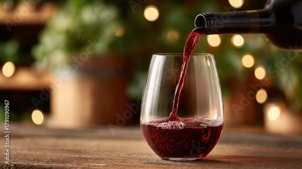 Obraz Wine pouring into a stemless glass — calm, cozy mood — warm bokeh and rustic wooden tabletop — clean commercial style for restaurant menus, bar promotions, hospitality branding, and celebratory