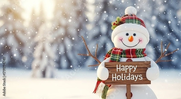 Obraz A charming snowman with a carrot nose and a plaid scarf, holds a wooden sign with Happy Holidays during a festive winter season, surrounded by falling snowflakes and a snowy, blurred background. 