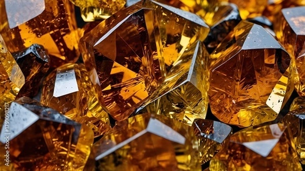 Obraz Cluster of amber gemstones with rich golden reflections and detailed faceted crystal surfaces
