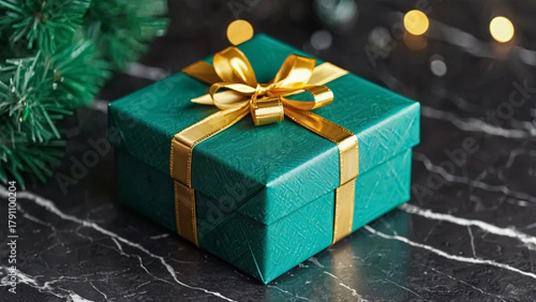 Fototapeta A beautifully wrapped green gift box adorned with a shiny golden ribbon rests on a dark marble surface. The festive colors and elegant design evoke excitement and anticipation, perfect for celebration