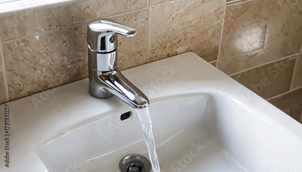 Fototapeta A sleek chrome faucet delivers a steady stream of clear water into a pristine white sink. The textured stone wall adds an elegant touch, highlighting the beauty of modern bathroom design and functiona