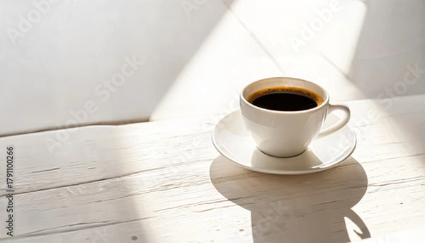 Fototapeta A simple white coffee cup sits elegantly on a wooden table, filled with rich, dark coffee. Soft sunlight streams in, creating warm shadows that enhance the cozy atmosphere, perfect for relaxation.