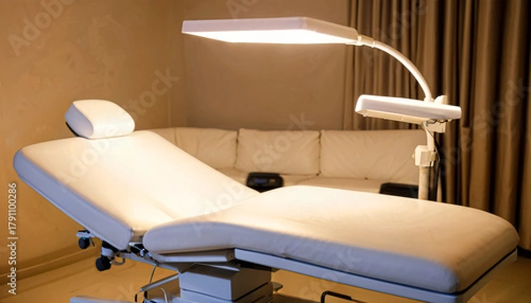 Fototapeta A modern examination room showcases a well-lit adjustable treatment bed alongside a comfortable sofa. The clean, neutral tones create a calming environment, ideal for patient care and consultations.  