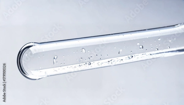 Fototapeta A close-up of a clear test tube filled with a colorless liquid. Tiny bubbles float within the solution, showcasing the precision of laboratory equipment and the essential nature of scientific experime