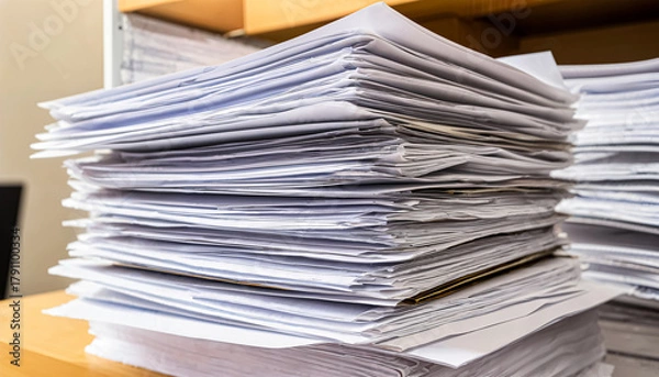 Fototapeta A tall stack of papers sits on a wooden desk, showcasing a chaotic yet organized workspace. Each sheet is filled with important documents, waiting to be reviewed or filed away.