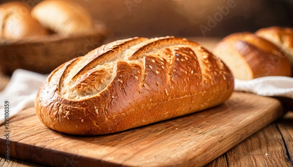Fototapeta A freshly baked loaf of bread rests on a wooden cutting board, showcasing its golden crust and intricate scoring. The warm light highlights its delicious texture, inviting a taste.