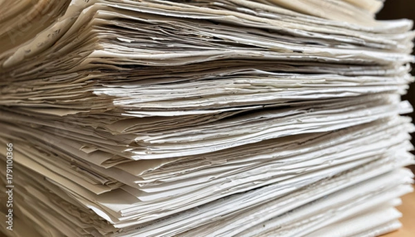 Fototapeta A textured stack of aged papers creates an intriguing visual display. Each sheet tells a story, with creases and varying shades of beige, exuding a sense of history and nostalgia.