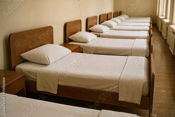 Fototapeta A row of neatly arranged single beds fills a simple dormitory room. Each bed is made with crisp white sheets and a pillow, creating a clean and inviting atmosphere for rest and relaxation.