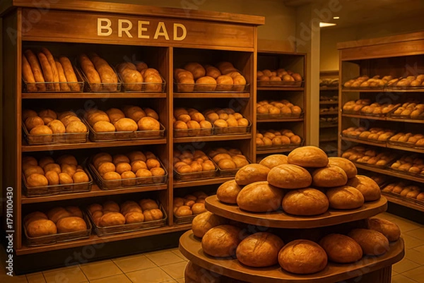 Fototapeta A charming bakery displays an assortment of freshly baked bread in wooden racks. The warm color of the loaves and inviting atmosphere make it a delightful spot for bread lovers.