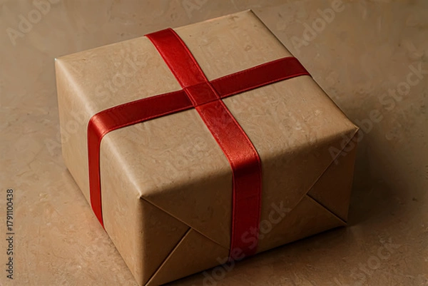 Fototapeta A beautifully wrapped gift box adorned with a vibrant red ribbon sits invitingly on a neutral surface. The elegant packaging evokes feelings of anticipation and joy for special occasions.