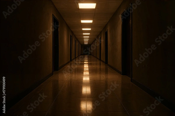 Fototapeta A dimly lit hallway stretches into the distance, illuminated by bright ceiling lights. The glossy floor reflects the light, creating a mysterious yet captivating atmosphere that invites exploration.