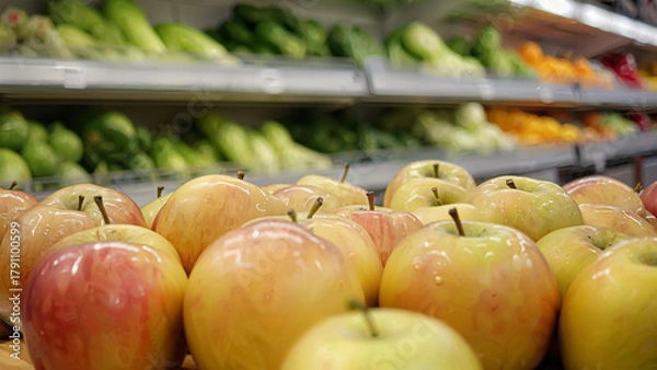 Fototapeta A close-up view of a stack of fresh, shiny apples in a grocery store, capturing their vibrant colors and smooth texture. In the background, rows of various fruits and vegetables create a rich, invitin