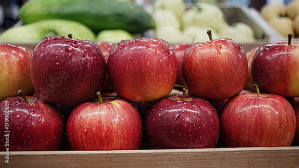 Fototapeta A vibrant display of fresh, red apples sits in a wooden crate, glistening with moisture. The apples appear juicy and ripe, inviting buyers at the market to select their favorites.