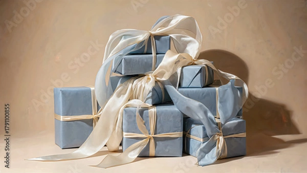 Fototapeta A delightful arrangement of beautifully wrapped blue gift boxes tied with elegant ribbons sits against a soft beige backdrop. Their charming display evokes feelings of joy and celebration.