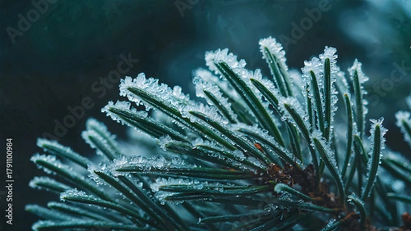 Fototapeta Frosted pine needles glisten elegantly in the cold light, showcasing delicate ice crystals that cling to their tips. This beautiful close-up captures the enchanting beauty of winter's touch on nature.